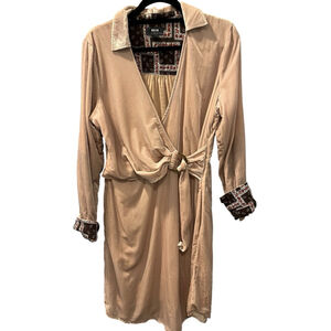 Maeve by Anthropology Tan Velvet Long Sleeve Dress with Patterned Cuffs
